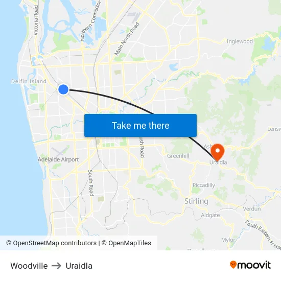 Woodville to Uraidla map