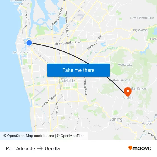 Port Adelaide to Uraidla map