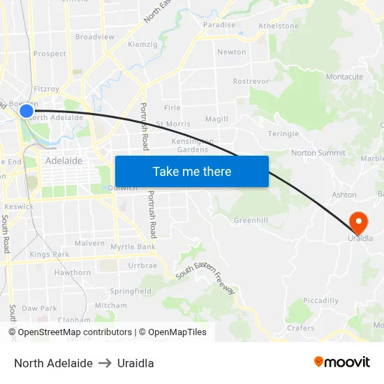 North Adelaide to Uraidla map