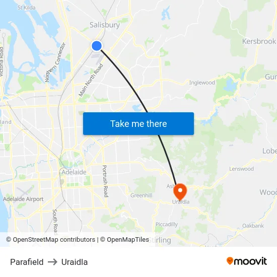 Parafield to Uraidla map