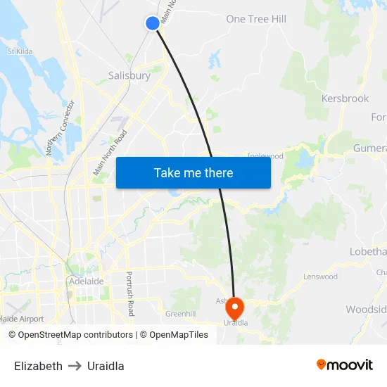 Elizabeth to Uraidla map