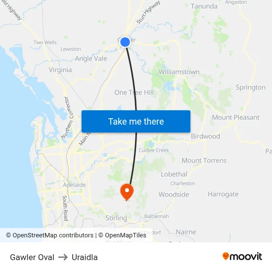 Gawler Oval to Uraidla map