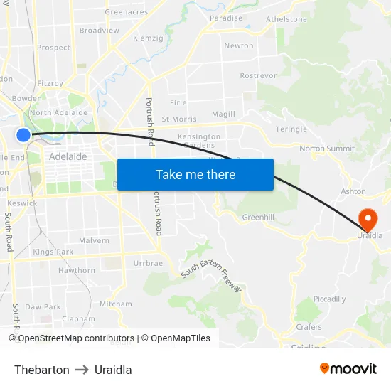 Thebarton to Uraidla map