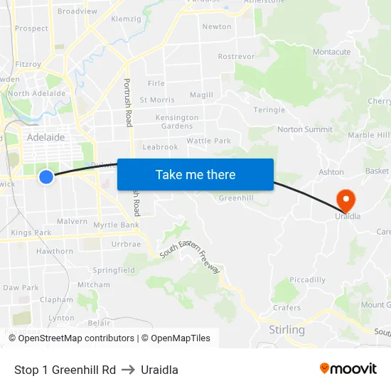 Stop 1 Greenhill Rd to Uraidla map