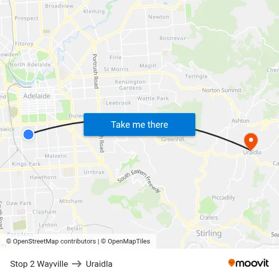 Stop 2 Wayville to Uraidla map