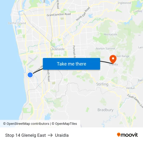 Stop 14 Glenelg East to Uraidla map