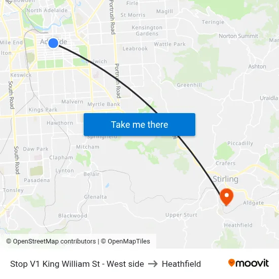Stop V1 King William St - West side to Heathfield map