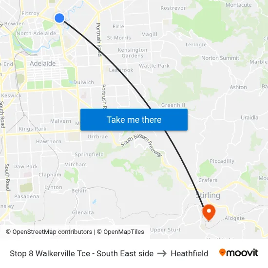 Stop 8 Walkerville Tce - South East side to Heathfield map