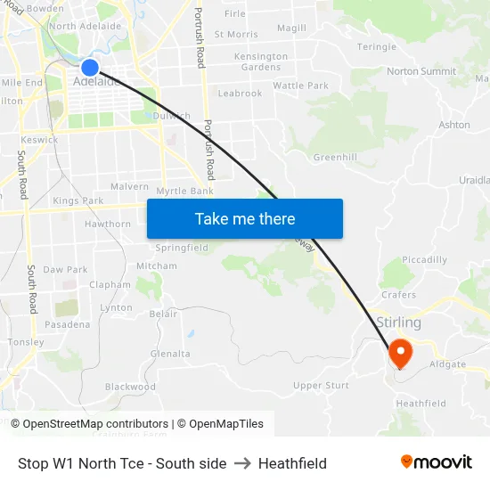 Stop W1 North Tce - South side to Heathfield map