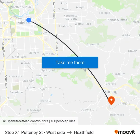 Stop X1 Pulteney St - West side to Heathfield map