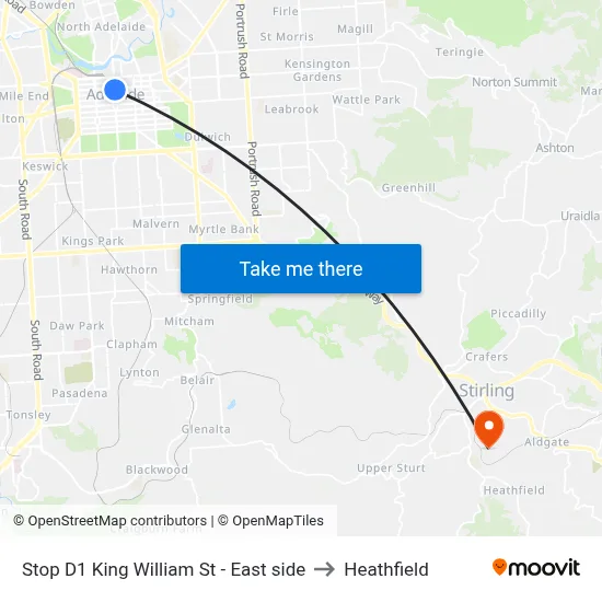 Stop D1 King William St - East side to Heathfield map