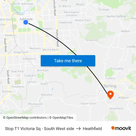 Stop T1 Victoria Sq - South West side to Heathfield map