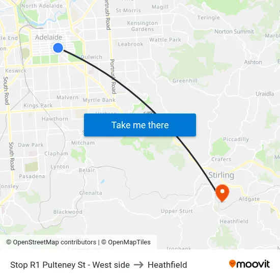 Stop R1 Pulteney St - West side to Heathfield map