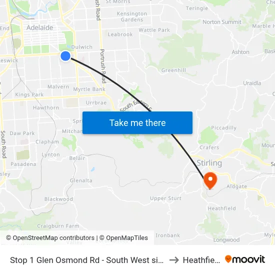 Stop 1 Glen Osmond Rd - South West side to Heathfield map