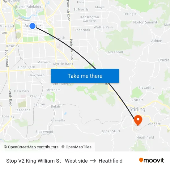 Stop V2 King William St - West side to Heathfield map