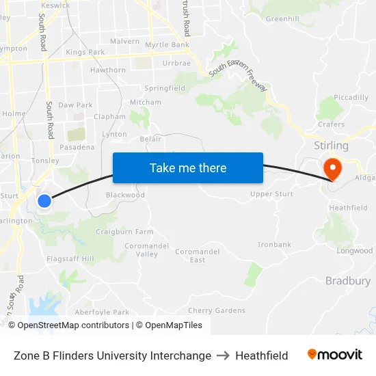 Zone B Flinders University Interchange to Heathfield map