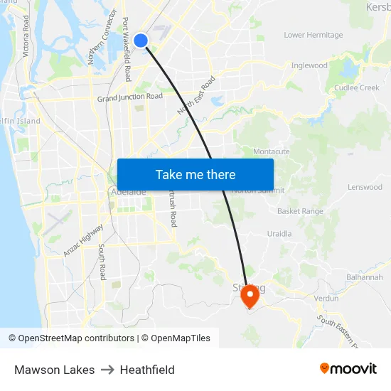 Mawson Lakes to Heathfield map
