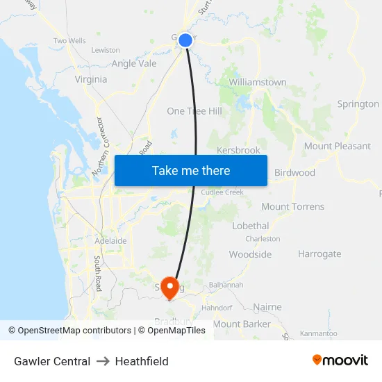 Gawler Central to Heathfield map