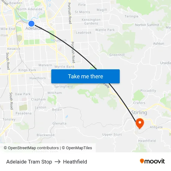 Adelaide Tram Stop to Heathfield map