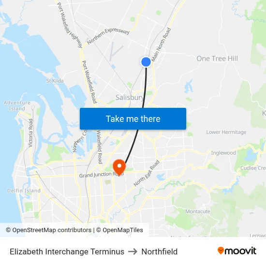 Elizabeth Interchange Terminus to Northfield map