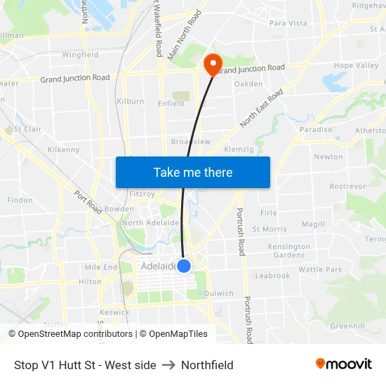Stop V1 Hutt St - West side to Northfield map