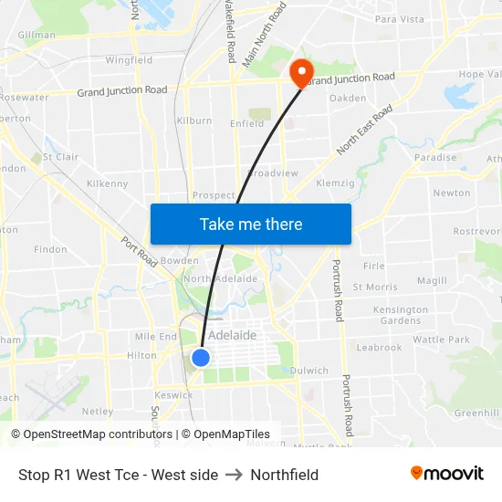 Stop R1 West Tce - West side to Northfield map