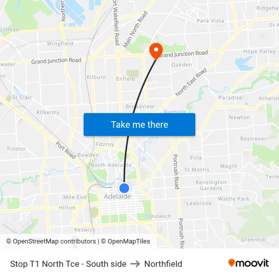 Stop T1 North Tce - South side to Northfield map