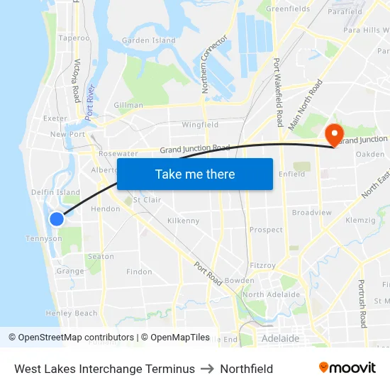 West Lakes Interchange Terminus to Northfield map