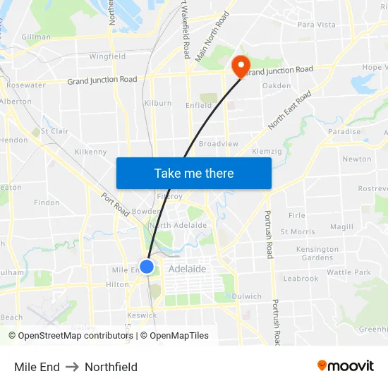 Mile End to Northfield map