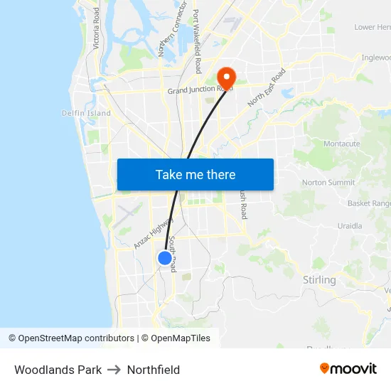 Woodlands Park to Northfield map