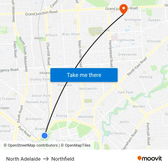 North Adelaide to Northfield map