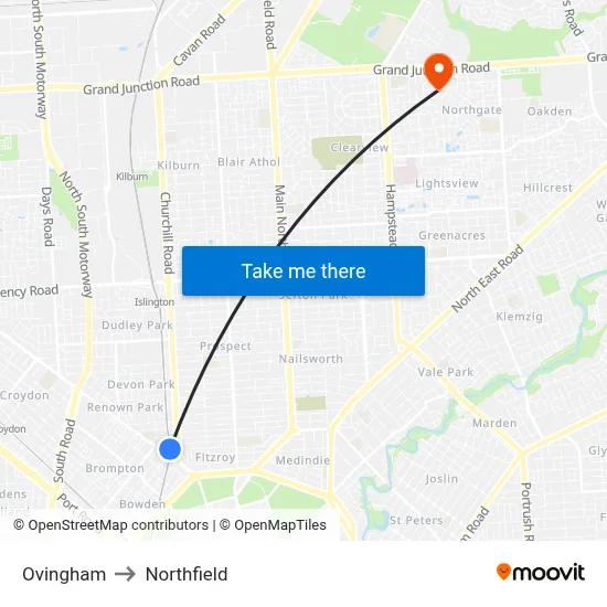 Ovingham to Northfield map
