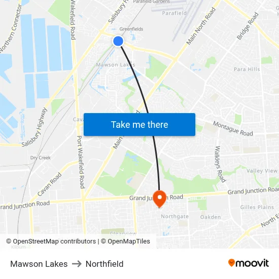 Mawson Lakes to Northfield map