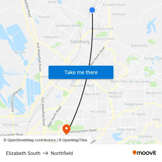 Elizabeth South to Northfield map