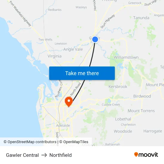 Gawler Central to Northfield map
