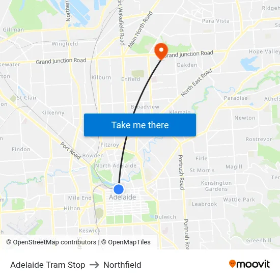 Adelaide Tram Stop to Northfield map