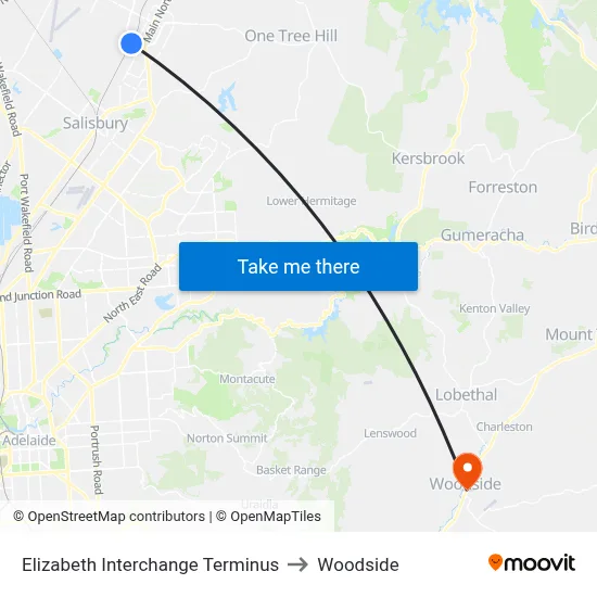 Elizabeth Interchange Terminus to Woodside map