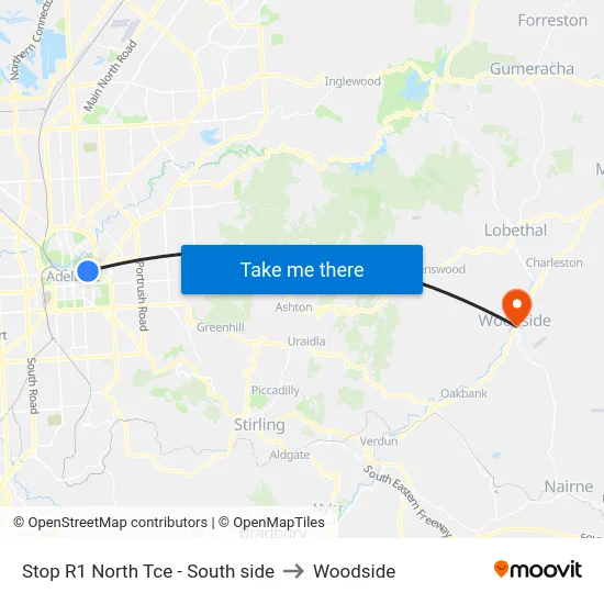 Stop R1 North Tce - South side to Woodside map