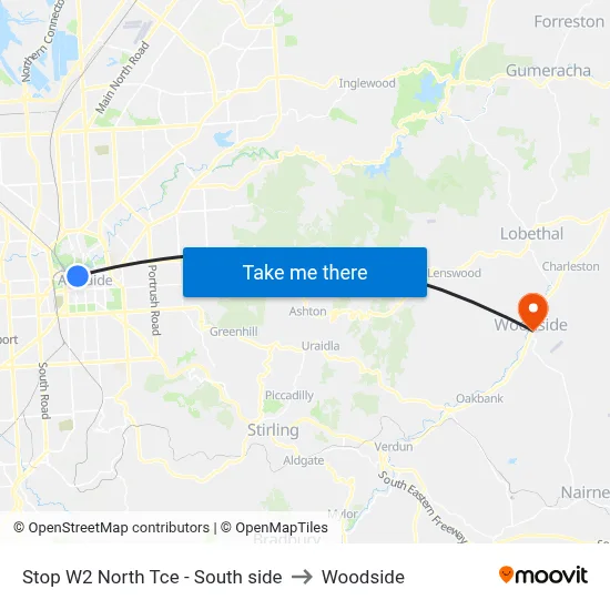 Stop W2 North Tce - South side to Woodside map