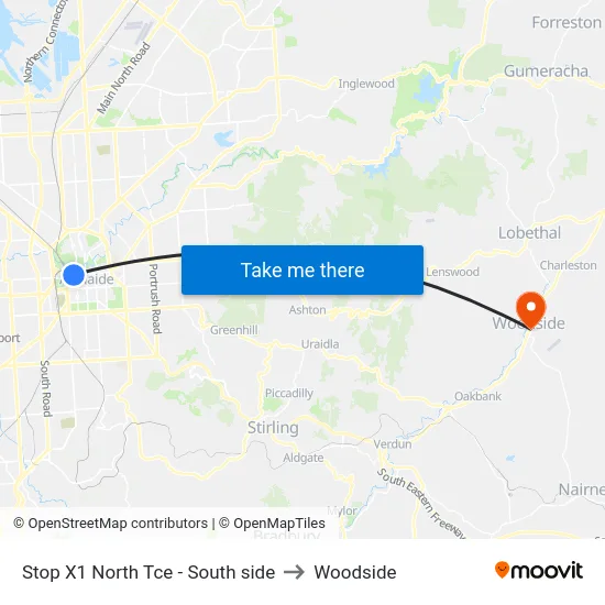 Stop X1 North Tce - South side to Woodside map