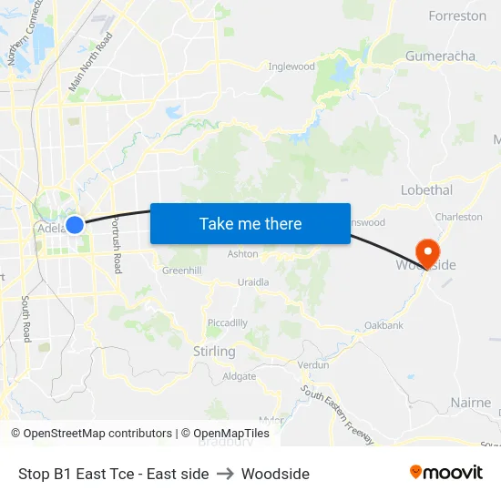 Stop B1 East Tce - East side to Woodside map