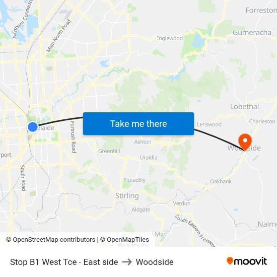 Stop B1 West Tce - East side to Woodside map