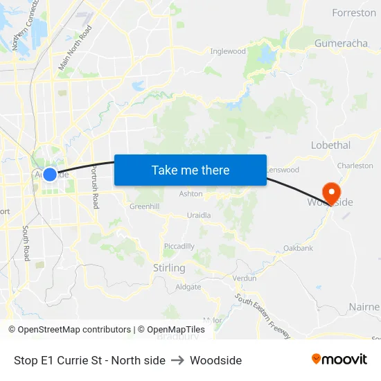 Stop E1 Currie St - North side to Woodside map