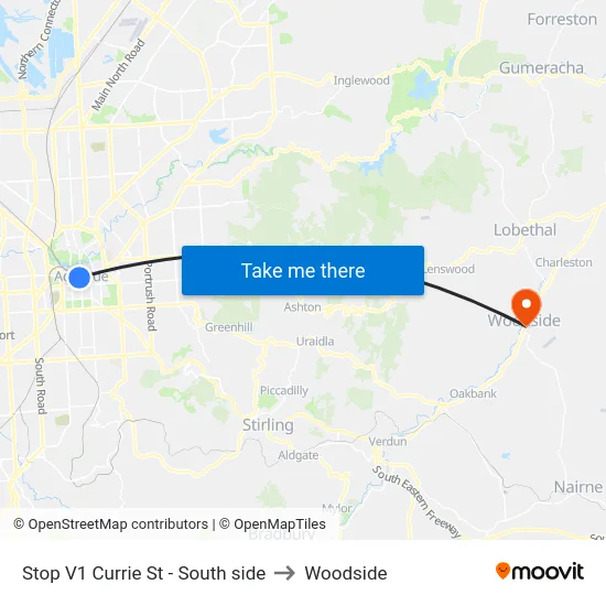 Stop V1 Currie St - South side to Woodside map