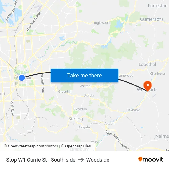 Stop W1 Currie St - South side to Woodside map