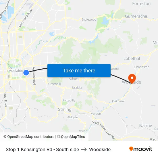 Stop 1 Kensington Rd - South side to Woodside map
