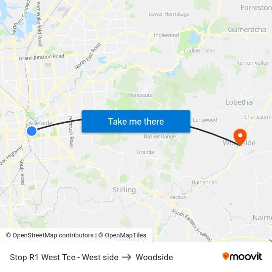 Stop R1 West Tce - West side to Woodside map