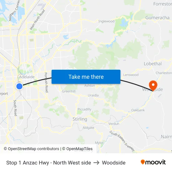 Stop 1 Anzac Hwy - North West side to Woodside map