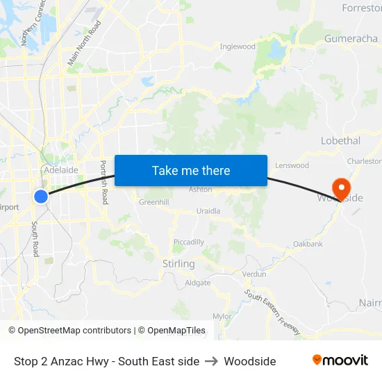 Stop 2 Anzac Hwy - South East side to Woodside map
