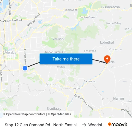 Stop 12 Glen Osmond Rd - North East side to Woodside map